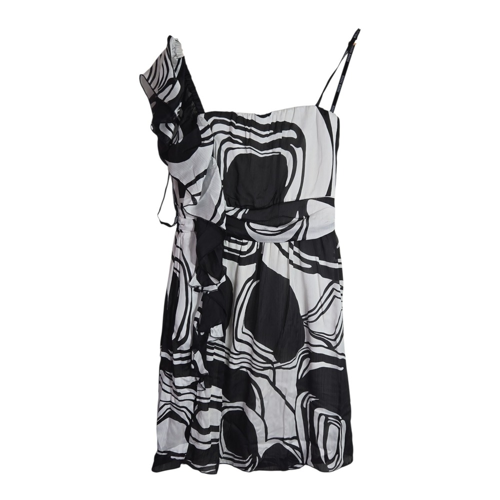 Bisou Bisou Michele Bohbot Black Ivory Abstract Ruffle One Shoulder Dress 10 NEW